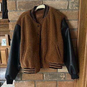 Blank NYC Varsity Bomber Jacket in Brown and Black This is a woman’s jacket